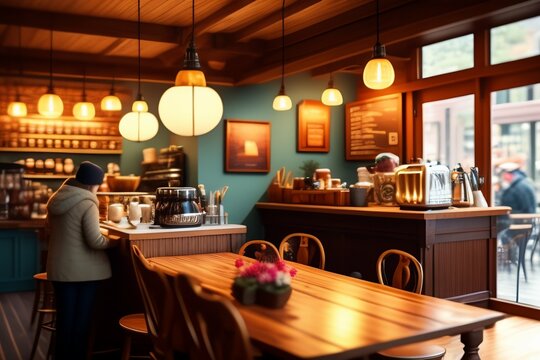 A cozy coffee shop on a rainy day, with warm lights, wooden tables, and vintage decor, featuring a barista preparing a latte art masterpiece