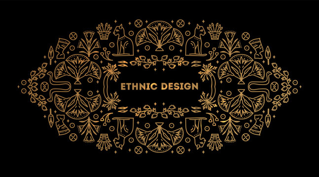 Decorative african border, vector linear Egipt cover template. Bright orange and black art decoration shapes. Line style with space for text - geometric ethnic frame, luxury packaging, advertising, 
