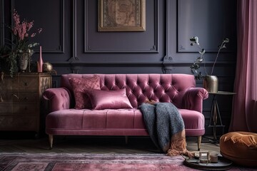cozy living room with a pink couch and purple curtains. Generative AI
