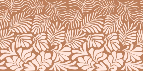Foto op Canvas Brown beige abstract background with tropical palm leaves in Matisse style. Vector seamless pattern with Scandinavian cut out elements. © Oleksandra