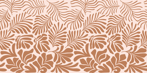 Brown beige abstract background with tropical palm leaves in Matisse style. Vector seamless pattern with Scandinavian cut out elements.