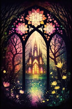 stained glass window looking out onto a fantasy castle, princess castle stained glass ornate design. Generative AI