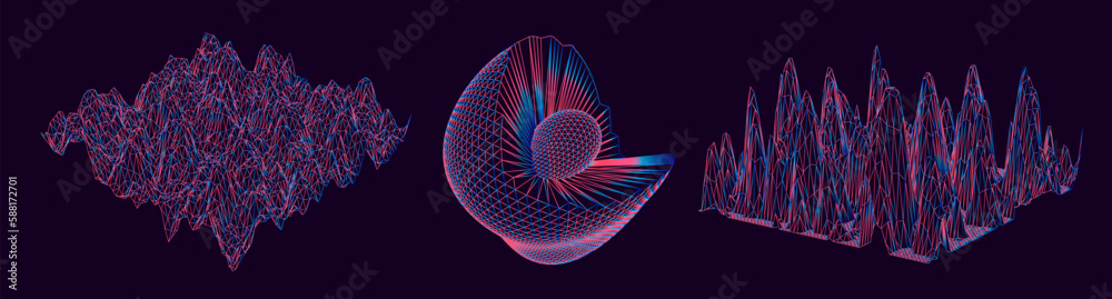 Aufkleber Set of 3D glitched planes made of mesh. Generative art plots for data visualization and analysis subjects. 