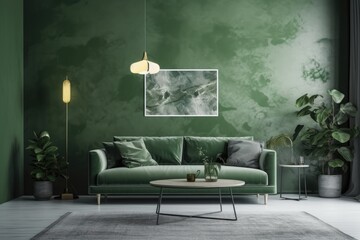 modern living room with green walls and matching furniture. Generative AI