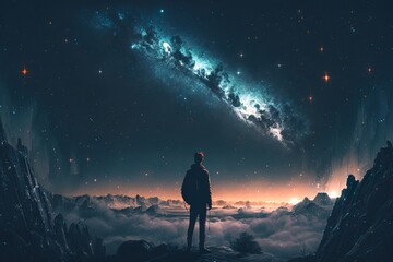 Fototapeta premium man watching the stars at night, vast sky, generative ai 