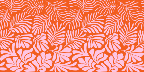 Orange pink abstract background with tropical palm leaves in Matisse style. Vector seamless pattern with Scandinavian cut out elements. - 588173336