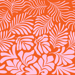 Fototapeta premium Orange pink abstract background with tropical palm leaves in Matisse style. Vector seamless pattern with Scandinavian cut out elements.