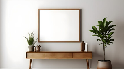 Blank wooden picture frame mockup on wall in modern interior. Horizontal artwork template mock up