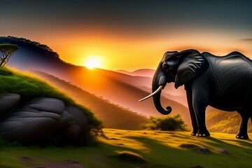Obraz na płótnie Canvas A majestic elephant standing on a rocky cliff with a beautiful sunset background, highlighting the elephant's tusks, wrinkles, and expression, surrounded by lush green forests and distant mountain ran