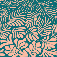 Peach green abstract background with tropical palm leaves in Matisse style. Vector seamless pattern with Scandinavian cut out elements.