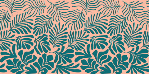 Peach green abstract background with tropical palm leaves in Matisse style. Vector seamless pattern with Scandinavian cut out elements.