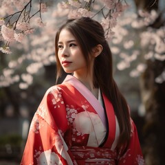Beautiful asian woman with long and straight hair wearing a colorful kimono, looking serious, standing in a background of cherry blossom trees. created with Generative AI