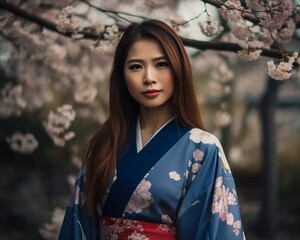 Beautiful asian woman with long and straight hair wearing a colorful kimono, looking serious, standing in a background of cherry blossom trees. created with Generative AI
