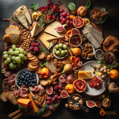 A mouthwatering flat lay photograph of a beautifully arranged charcuterie board, filled with a delectable assortment of gourmet cheeses, cured meats, fresh And fruits. generative ai