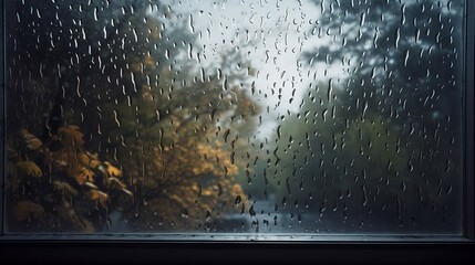 Rainy sunny day, beautiful landscape photo, view through the windows on which there are drops of rain. created with Generative AI