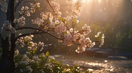 Rainy sunny day, spring tree flowers, beautiful landscape photo. created with Generative AI