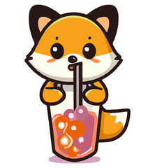 cute cartoon style fox drink bubble tea