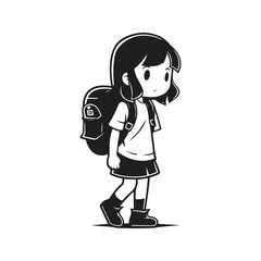 girl with a backpack, logo concept black and white color, hand drawn illustration