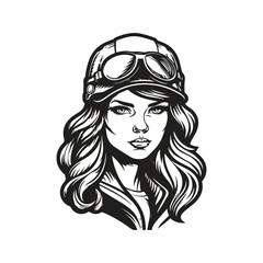 female biker, logo concept black and white color, hand drawn illustration