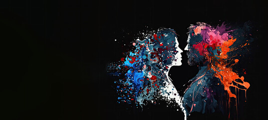 Illustration of a couple facing each other colorful paint splatters on them on black background (generative ai)