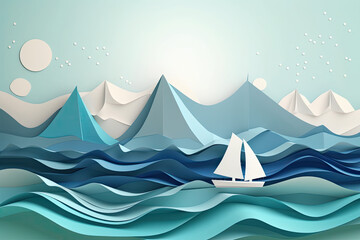 Paper art, abstract background with origami shapes. Paper waves, layers texture. Geometric design layout. Sail boat in ocean water surrounded by mountains, big sea waves, generative AI