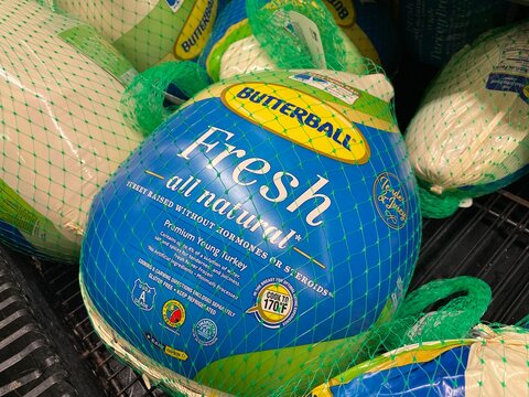 Grocery store frozen butterball turkey in a display