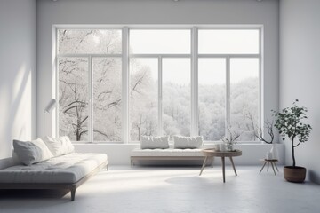 Fototapeta premium modern living room with a minimalist white couch and floor-to-ceiling windows. Generative AI