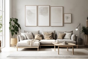cozy living room with modern furniture and wall decor. Generative AI