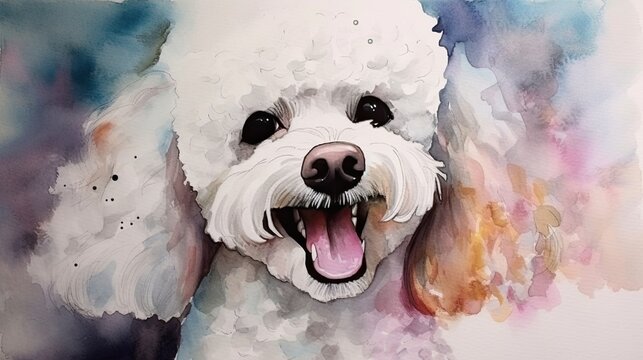 poodle, shiba inu, shih tzu, standard poodle, welsh corgi, pomeranian, painting, watercolor, calm, watercolor painting. 