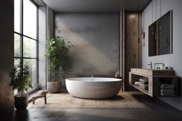 Fototapeta na wymiar serene bathroom with a large white bathtub positioned next to a window. Generative AI