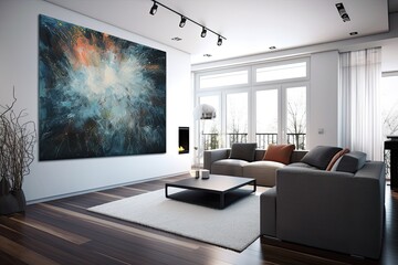cozy living room with a statement painting on the wall. Generative AI