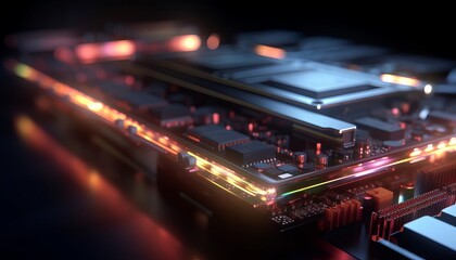 Close up view of a modern GPU card with circuit and colorful lights and details 3D rendering. Generative ai