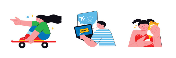 People enjoying summer. A girl riding a skateboard, a boy booking a plane ticket for an overseas trip, and a girl applying sunscreen.