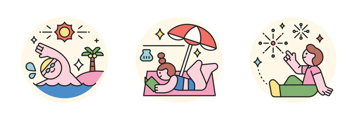 People enjoying summer. outline style character design. Swimming in the sea, reading a book on the beach, and fireworks on a summer night.