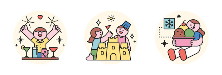 People enjoying summer. outline style character design. A bartender making cocktails, kids building sandcastles, and a girl with ice cream.
