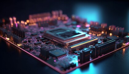 Fototapeta na wymiar Close up view of a modern GPU card with circuit and colorful lights and details 3D rendering. Generative ai