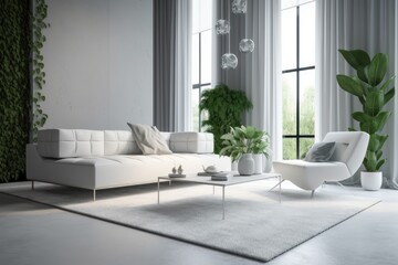 cozy living room with natural elements and greenery. Generative AI