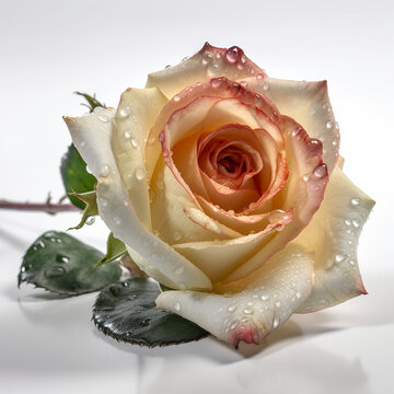 Rosa singola su sfondo bianco, con gocce di acqua,  foto ad alta risoluzione. Rosa multicolore, bianca e rosa. 