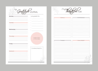 (Spring) Gratitude Journal and thankful planner. Minimalist planner template set. Vector illustration.	