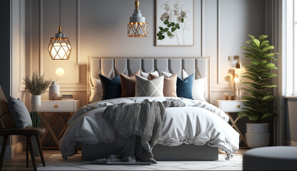 Modern elegant bedroom with cozy bedding and comfortable pillow generated by AI