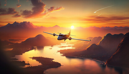 Fototapeta na wymiar Air vehicle flying over mountain with propeller at sunset generated by AI