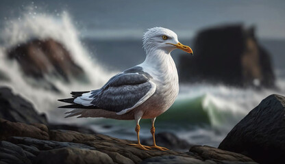 Obraz premium Seagull standing on rock overlooking serene coastline generated by AI