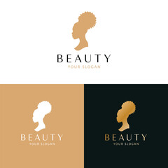 Beautiful hairstyle logo design. Woman with afro hair style logotype. Feminine logo template.