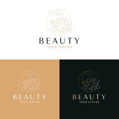 Beauty logo design. Moon and lotus flower vector logotype. Bohemian floral logo template.