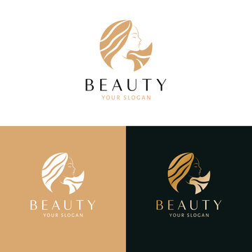 Beauty and cosmetics logo design. Beautiful woman face portrait vector logotype. Feminine logo template.
