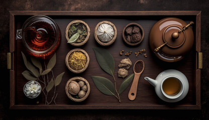 Fototapeta premium Wooden table with fresh herbs hot drink and spices generated by AI