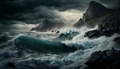 Nature drama Dark cliff crashing waves overcast sky generated by AI