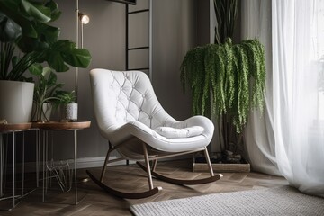 serene white rocking chair by a window with a view. Generative AI