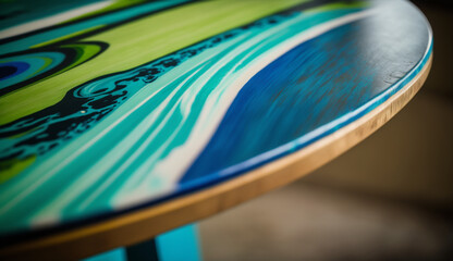 Close up of wet surfboard with vibrant colors generated by AI
