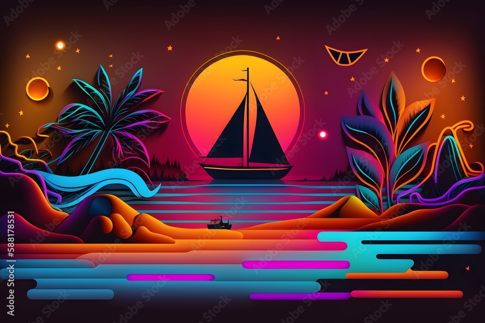 Wall mural sunset on the sea created using ai generative technology